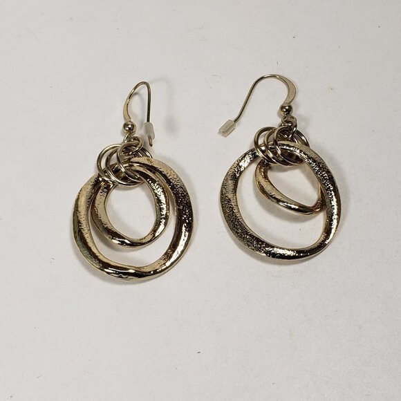 Gold-Tone Textured Hoop Dangle Earrings – Interlocking Statement Design - 2-inch - Picture 5 of 7